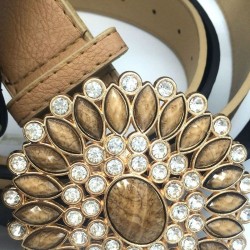 Luxury vintage leather belt with crystal & pearls round buckleBelts