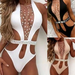 Sexy one-piece swimsuit - with front mesh & crystals - monokiniBeachwear