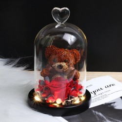 Eternal preserved rose with teddy bear in glass - LEDValentine's day