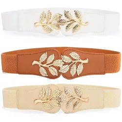 Fashionable elastic wide belt - leafs emblem buckleBelts