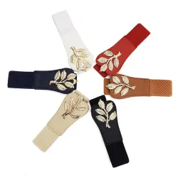 Fashionable elastic wide belt - leafs emblem buckleBelts