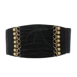 Retro belt - wide buckle and strings - elastic leather corsetBelts