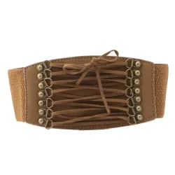 Retro belt - wide buckle and strings - elastic leather corsetBelts