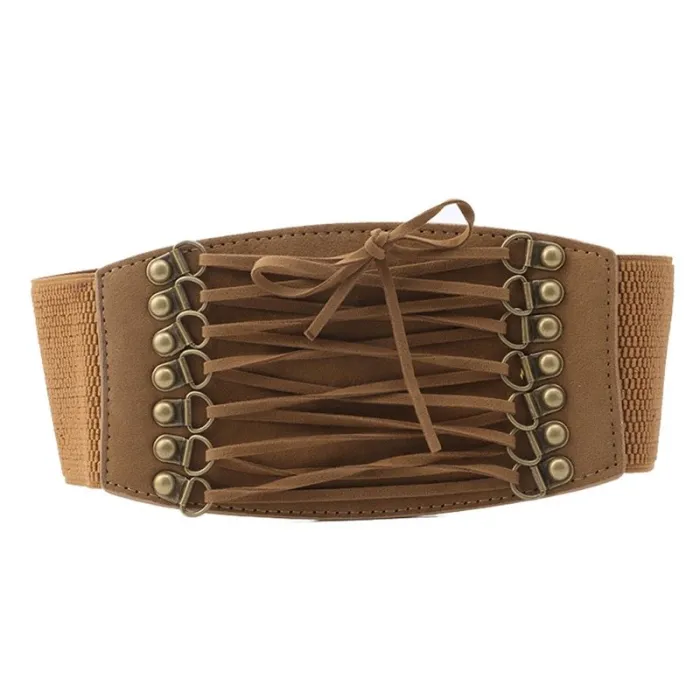 Retro belt - wide buckle and strings - elastic leather corsetBelts