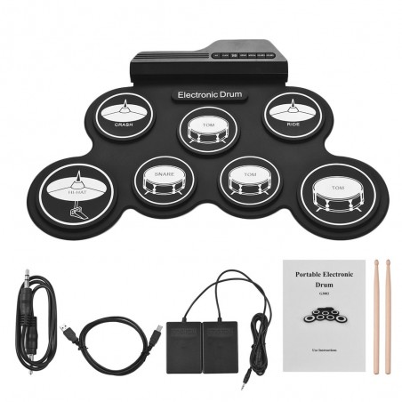 Digital electronic drum set - 7-Pad - USB roll-up silicone drum pad - with drumsticks / foot pedalsMusical Instruments