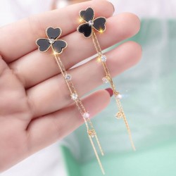 Black clover with crystals - double chain - long earringsEarrings
