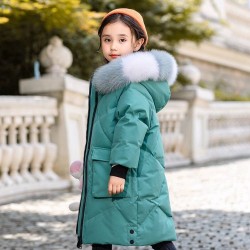 Padded cotton long jacket - with a colorful fur hood - for girlsClothing