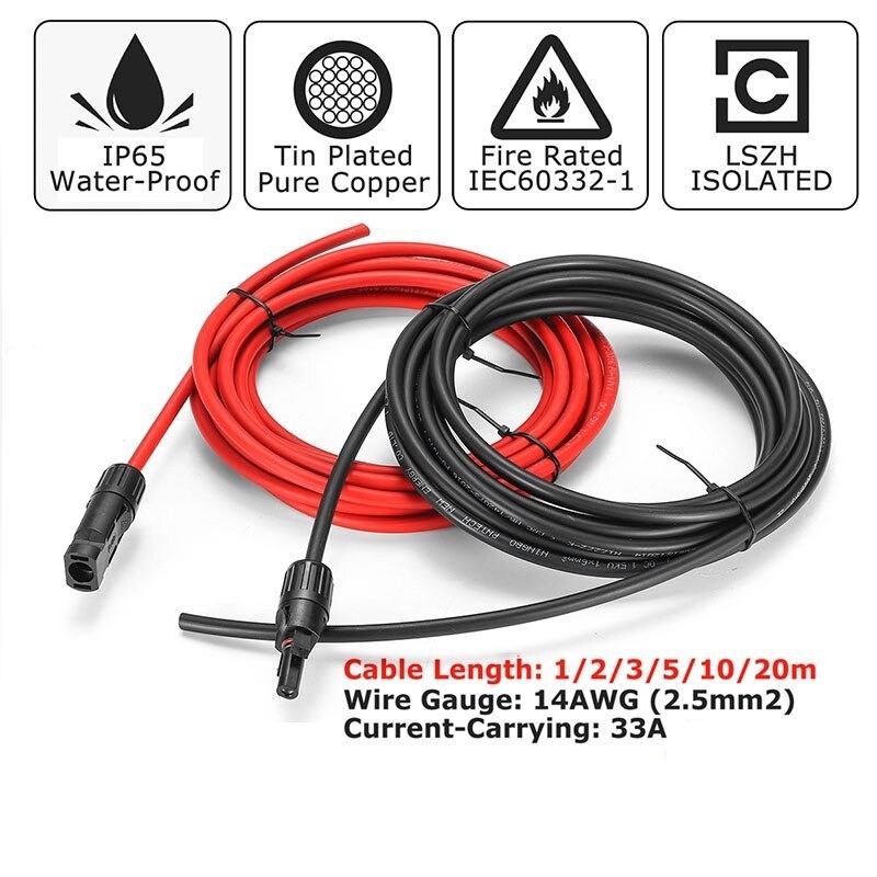 Solar panel cable - 2.5mm 14 AWG - with connector - black / red - 1M / 2M/ 3M / 5M / 10MSolar