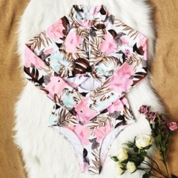 Sexy one piece swimsuit - long sleeve / zipper - floral printSwimming