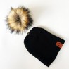 Knitted beanie with pom pom / leather label - unisex - for kids / adultsHats & caps