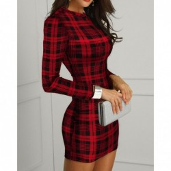 Elegant plaid mini dress - long sleeve - with back zipper - redDresses