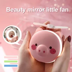 Mini pocket mirror - with fan - LED light - piggy head shapeMake-Up
