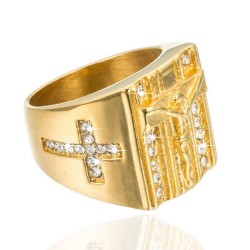 Luxurious gold ring - with Jesus / cross / white cubic zirconia - unisexRings
