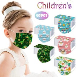 Protective face / mouth masks - disposable - 3-ply - for children - dinosaur / rainbow print - 50 piecesMouth masks