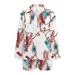 Fashionable two-piece jumpsuit - with zipper - long sleeve top / shorts - butterflies / letters / leaves printedJumpsuits