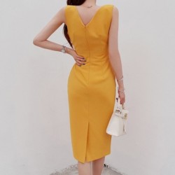 Elegant yellow dress - with V-neck / back slit / sleevelessDresses