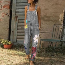 Summer long jumpsuit - jeans romper - flowers printedJumpsuits