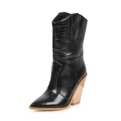 Stylish leather boots - half calf length - thick wedge heel - cowboy styleBoots