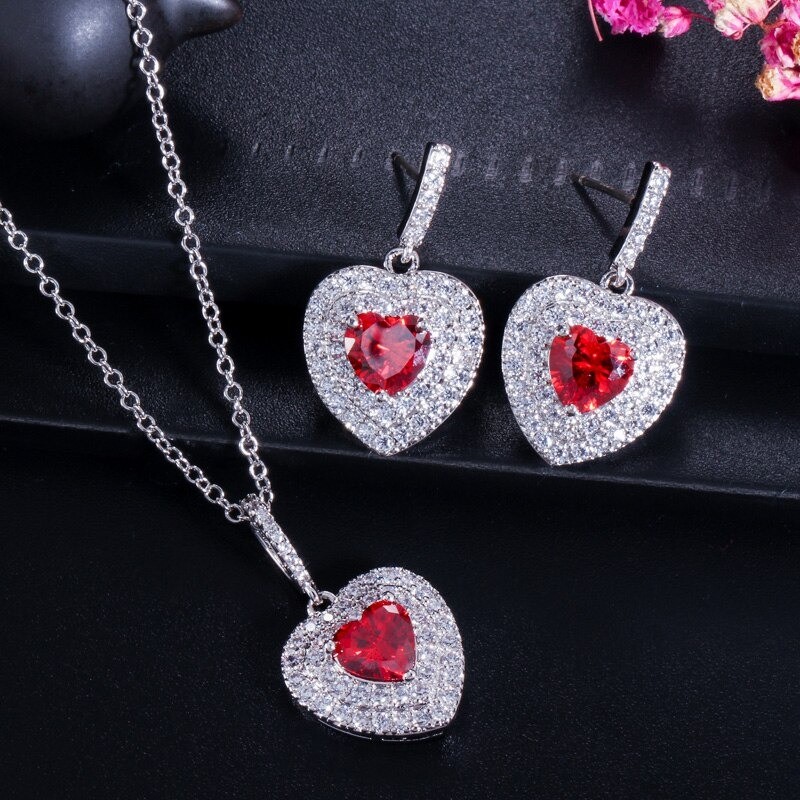 Luxurious silver jewellery set - heart shaped pendants - crystal - cubic zirconia - necklace - earringsJewellery Sets