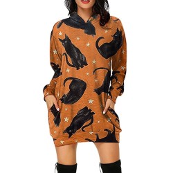 Mini hooded dress - loose pullover - with pockets - Halloween print - pumpkin - cats - spiderwebDresses
