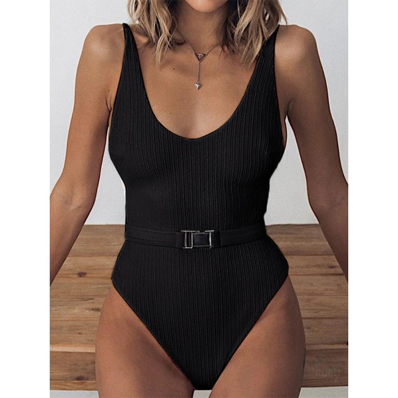 Sexy one piece ribbed swimsuit - Brazilian monokini - with beltBeachwear