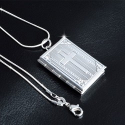 Square shape locket - photo holder - carved cross - necklace - 925 sterling silverNecklaces