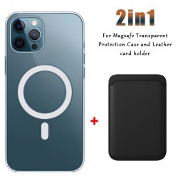 Magsafe wireless charging - transparent magnetic case - magnetic leather card holder - for iPhone - blackCase & Protection