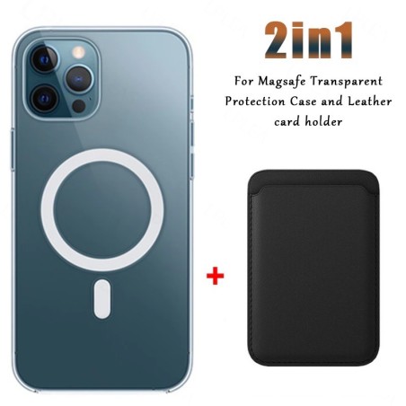 Magsafe wireless charging - transparent magnetic case - magnetic leather card holder - for iPhone - blackProtection