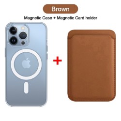 Magsafe wireless charging - transparent magnetic case - magnetic leather card holder - for iPhone - brownProtection
