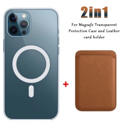 Magsafe wireless charging - transparent magnetic case - magnetic leather card holder - for iPhone - brownCase & Protection