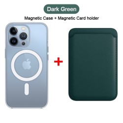 Magsafe wireless charging - transparent magnetic case - magnetic leather card holder - for iPhone - dark greenProtection