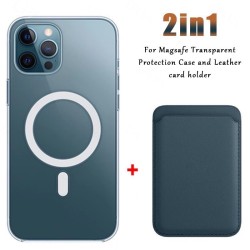 Magsafe wireless charging - transparent magnetic case - magnetic leather card holder - for iPhone - dark blueCase & Protection