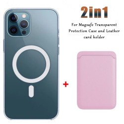 Magsafe wireless charging - transparent magnetic case - magnetic leather card holder - for iPhone - pinkCase & Protection