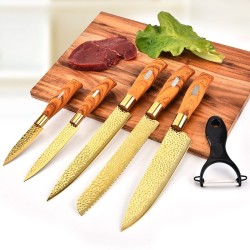 Professional gold plated kitchen knives - peeler - stainless steel - wooden handle - 6 pieces setSteel