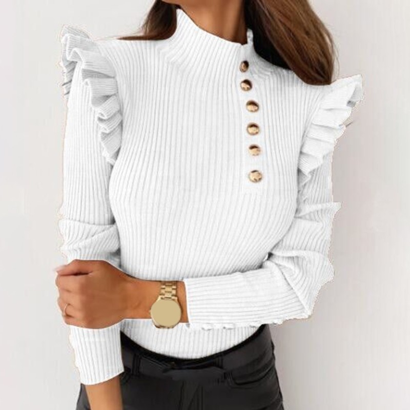 Long sleeve turtleneck - ribbed sweater - buttons / rufflesHoodies & Jumpers