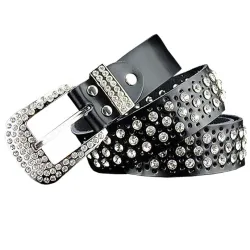 Fashionable leather belt - with holes / rhinestones - metal buckleBelts
