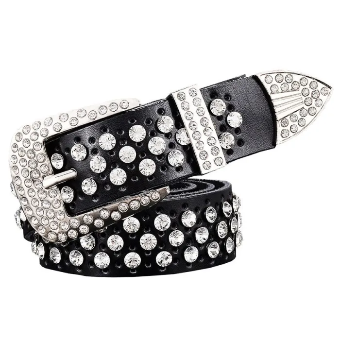 Fashionable leather belt - with holes / rhinestones - metal buckleBelts