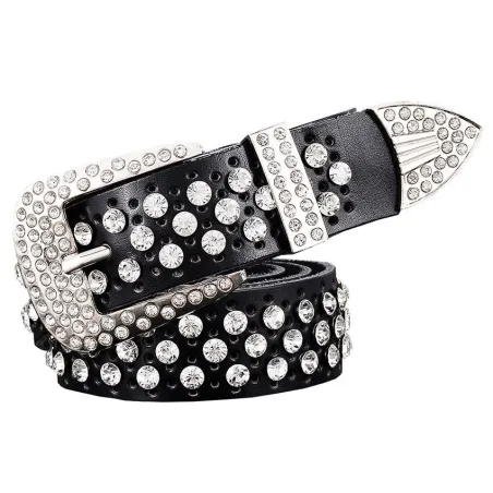 Fashionable leather belt - with holes / rhinestones - metal buckleBelts