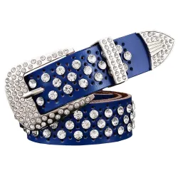 Fashionable leather belt - with holes / rhinestones - metal buckleBelts