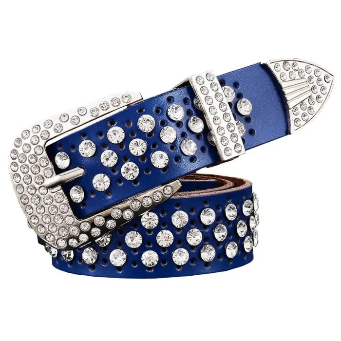 Fashionable leather belt - with holes / rhinestones - metal buckleBelts