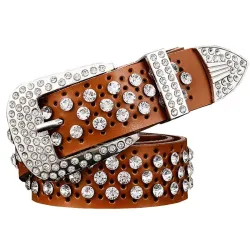 Fashionable leather belt - with holes / rhinestones - metal buckleBelts