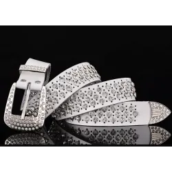 Fashionable leather belt - with holes / rhinestones - metal buckleBelts