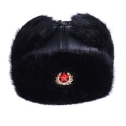 Men's bomber hat - black Russian ushanka - with earflaps - fur / leatherHats & Caps