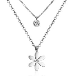 Flower pendant with crystal - double chain necklace - stainless steelNecklaces