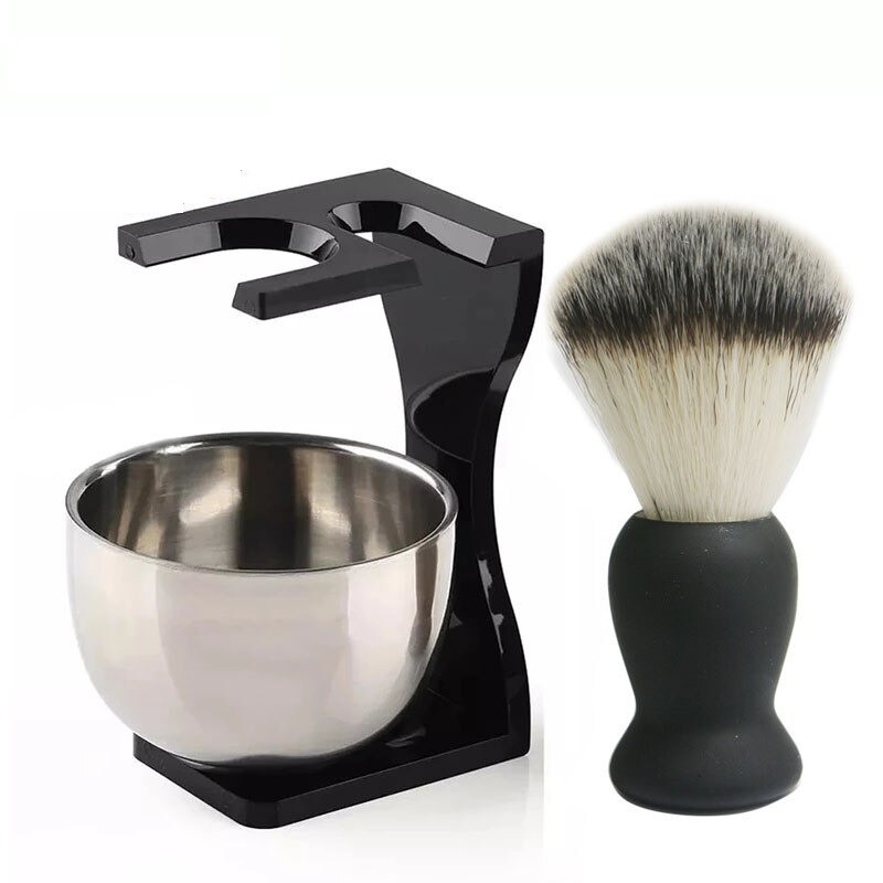 Professional beard shaving set - brush - stainless steel bowl - with standShaving