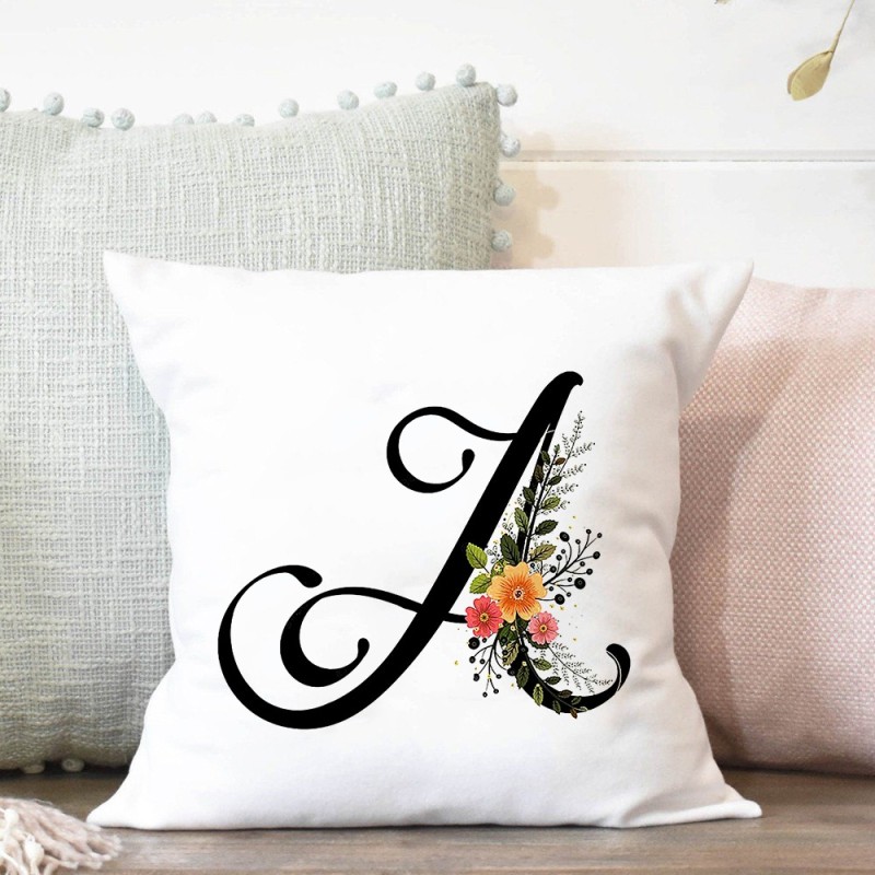 Decorative white cushion cover - black English alphabet / flowers - 45 * 45 cmCushion covers