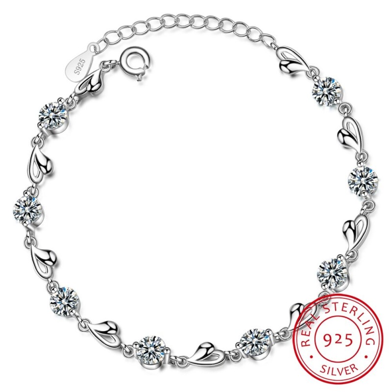 Elegant bracelet - zircon flowers - hearts - 925 sterling silverBracelets