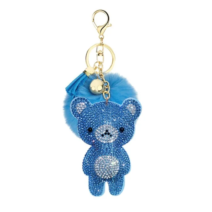 Crystal teddy bear with fur pom pom - keychainKeyrings