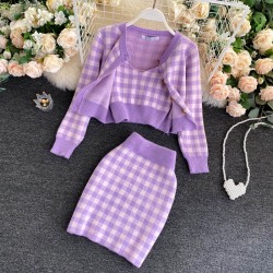 Knitted plaid set - skirt - vest - cardiganDresses