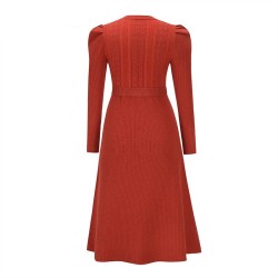Elegant knitted dress - long sleeve - waist beltDresses